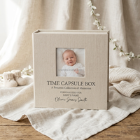 Boîte à souvenirs pour bébé en lin avec fenêtre photo personnalisée, boîte de rangement pour souvenirs de bébé nouveau-né, cadeau pour les étapes importantes du bébé