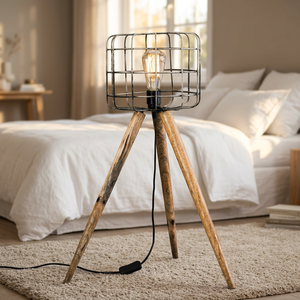 Industrial Modern Tripod Floor Lamp <b>LED</b> E27 White <b>Wire</b> Cage Shade Wood Leg Bedside Reading <b>Light</b> for Living Room Bedroom - Product Image 3