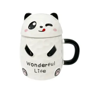 高外观级可爱熊猫陶瓷杯带盖勺子办公室咖啡杯创意学生情侣杯