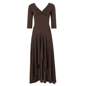 Elegante Vestido Midi de Punto con Corte en A para Mujer, Cuello en V, Manga 3/4, Cintura Alta, Ajuste Delgado, Color Sólido, Asimétrico, Casual, para Fiesta o Viaje - Product Image 6