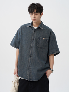 Camicie da uomo <span class=keywords><strong>Oversize</strong></span> Casual da uomo leggere camicie corte in Denim lavate camicie estive da uomo - Product Image 5