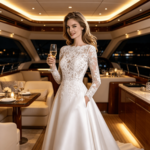 Abito da sposa taglie forti |   Abito da Sposa Leggero in Pizzo Francese |   Abito da sposa da spiaggia per matrimonio all'improvviso con strascico - Product Image 1