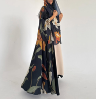 Ensemble Abaya Cardigan Imprimé Aïd Ramadan 2026, Robe Longue Arabe Kaftan Jalabiya Marocaine pour Femme avec Foulard Assorti pour Fête Musulmane