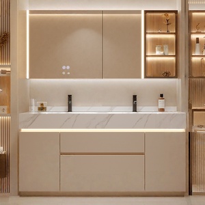 Modern Luxury Solid Wood & MDF <b>Smart</b> <b>Mirror</b> Wall-Mounted Double Sink One-Piece Vanity Bathroom Cabinet - Product Image 1