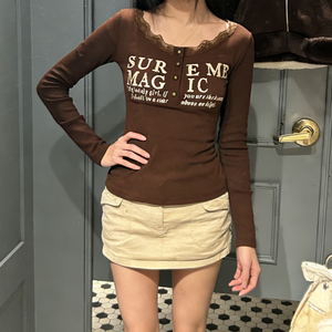 Letter Print Lace Crewneck Long Sleeve Top Button Front Slim Fit Spring Autumn Vintage Versatile Layering Casual Top - Product Image 5