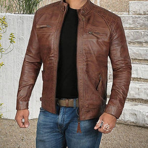 Veste matelassée à col montant en peau de mouton personnalisée, veste en cuir décontractée pour homme, taille plus, fermeture éclair sur le devant, vêtements d'extérieur pour l'automne - Product Image 3