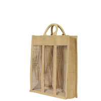 Pochette cadeau écologique naturelle promotionnelle avec fenêtre transparente, sac à vin en jute, sac fourre-tout en lin avec porte-bouteille de vin