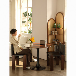 Mesa de Comedor Redonda de Madera Maciza Color Nogal con Base Tipo Tulipán Multiusos para Apartamentos Pequeños - Product Image 3