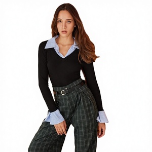 T-shirt <span class=keywords><strong>femme</strong></span> à manches longues, coupe slim, respirant, tricoté, uni, style Y2K, mode automne, haut deux pièces - Product Image 4