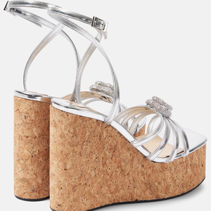 Sandales à talons compensés hauts pour femmes, à motifs en bois, avec décorations brillantes en forme de cœur, à brides de cheville, à plateforme épaisse, style habillé - Product Image 3