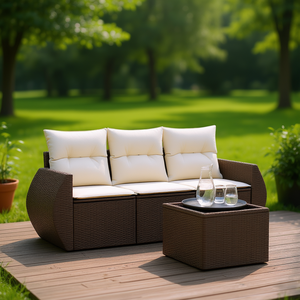 Conjunto de Sofá de Jardín de Ratán Blanco Crema y Marrón, 3 Plazas, Muebles de Exterior Resistentes a la Intemperie, Diseño Contemporáneo - Product Image 2