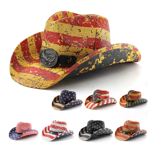 Chapeau de cowboy en paille fait main à bord roulé pour l'été, style Texas Ranger, <span class=keywords><strong>Stetson</strong></span> Panama, avec imprimé drapeau américain pour hommes - Product Image 1