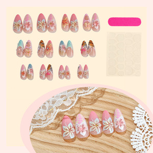 24 pièces de faux ongles en forme d'amande française 3D <span class=keywords><strong>avec</strong></span> effet d'ondulation d'eau, couverture complète, <span class=keywords><strong>avec</strong></span> motif de papillon et de fleur en <span class=keywords><strong>diamant</strong></span> et colle - Product Image 3