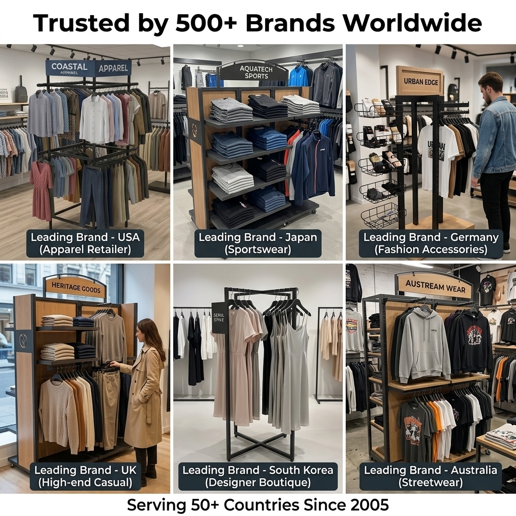 Custom Metal Clothes Display Stand Floor Garment Rack for T-Shirt Dress Carpet Retail Store Supermarket Display Shelves OEM — view 6