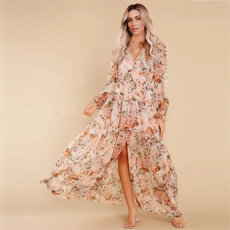 Custom Summer Floral Printed Deep V Neck Long Sleeves Ruffled Stylish Beach Bohemian Women Chiffon Maxi Casual Dress