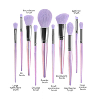 Ensemble de 10 pinceaux de maquillage en cristal transparent violet avec manche en diamant, sac en PU, forme plate, logo personnalisé, pinceau correcteur pour le visage, cosmétique