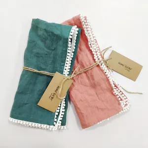 Hermosas servilletas de lino francesas personalizadas 100% Servilletas de lino con borde elegante verde de tacto suave coral