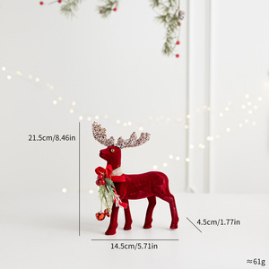 LINGKAI Red Flocked <b>Christmas</b> <b>Reindeer</b> Figurine With Glitter Antler Bell Bow Tabletop Ornament for Xmas Home Holiday Decor - Product Image 6