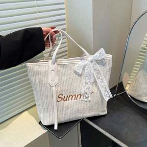 Sac fourre-tout tendance pour femme, couleur unie, motif tissé imprimé, ruban en soie décoratif, léger, zippé, grande capacité pour le quotidien - Product Image 2