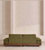 Canapé en tissu personnalisé avec base en bois massif, style Wabi Sabi, profil bas, revêtement en lin texturé olive, canapé design pour salon