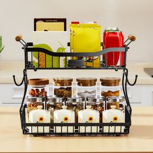 2 Tier Metal Mesh Wire Cozinha Vegetable Fruits <span class=keywords><strong>Basket</strong></span> Storage Rack Com Cabo De Madeira e Ganchos De Banana - Product Image 3