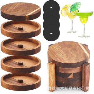 Ensemble de pots à condiments en bois avec couvercles et sous-verres pour bar à cocktails, couleur bois naturel, 5 pièces, design empilable - Product Image 1