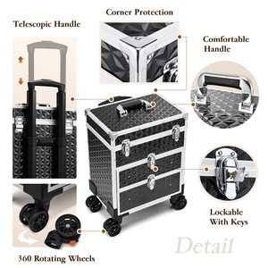 Aluminum Trolley Train <b>Case</b> with 360° Swivel Wheels Professional <b>Makeup</b> Rolling <b>Case</b> with Sliding Drawers Travel Cosmetic Box - Product Image 5