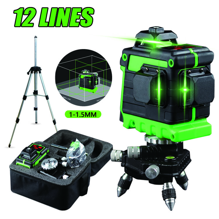 12 Lines 3D Green Laser Level Horizontal And Vertical Cross Lines With Auto Self-Leveling, Indoors and Outdoors