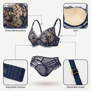 Set Intimo Femminile con Reggiseno in Pizzo Floreale e Mutandine Lunghe Ricamate con Peonie - Product Image 5