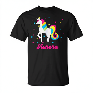 Simpatica maglietta Aurora personalizzata con unicorno arcobaleno, nera, per adulti, unisex - Product Image 2