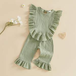 Completo Minimalista in Mussola per <span class=keywords><strong>Bambina</strong></span> 6 12 <span class=keywords><strong>18</strong></span> 24 <span class=keywords><strong>Mesi</strong></span> 2T 3T 4T, Top Estivo con Volant e Pantaloni in Lino - Product Image 6