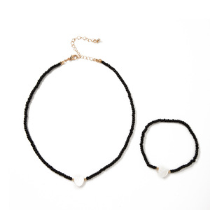 European and American cross-border black seed bead white water pattern mother-of-pearl heart <b>bracelet</b> and necklace <b>set</b>, - Product Image 5