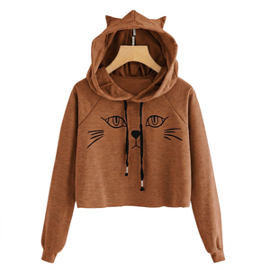 เสื้อฮู้ดครอปท็อปผู้หญิงคุณภาพสูง สีแดงเลือดหมู รุ่น KFHW06 ผ้าฝ้าย 100% สำหรับออกกำลังกาย มีหูตกแต่ง เหมาะสำหรับฤดูหนาว - Product Image 4