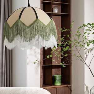 Lampada a Sospensione Vintage Francese con <span class=keywords><strong>Paralume</strong></span> in Lino <span class=keywords><strong>Verde</strong></span> e Nappe, Illuminazione LED per Camera da Letto, Sala da Tè, Soggiorno e Sala da Pranzo - Product Image 6
