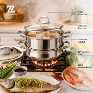 Olla Vaporera Zhenneng de Doble Capa, 2 Niveles, Acero Inoxidable 304, para Estufa de Gas, Cocina de Inducción, para Cocinar al Vapor y Hervir Verduras, Arroz y Pescado - Product Image 3