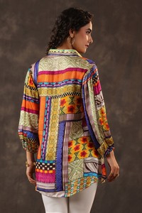 Buy Multicolor <b>Patchwork</b> Print Button Front Tunic <b>Shirt</b> Relaxed Fit Balloon Sleeve Designer Fashion Dress - Product Image 3