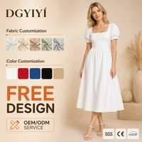 Robe Midi en Gros 220GSM Coton Col Carré Manches Bouffantes Coupe Évasée Femme Romantique Été Décontractée Logo Personnalisé OEM