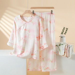 Pigiama da Donna in Fibra di Bambù Traspirante Stile Tradizionale Cinese Primavera/Estate Sottile Leggero a Maniche Lunghe con Collo Intero - Product Image 2