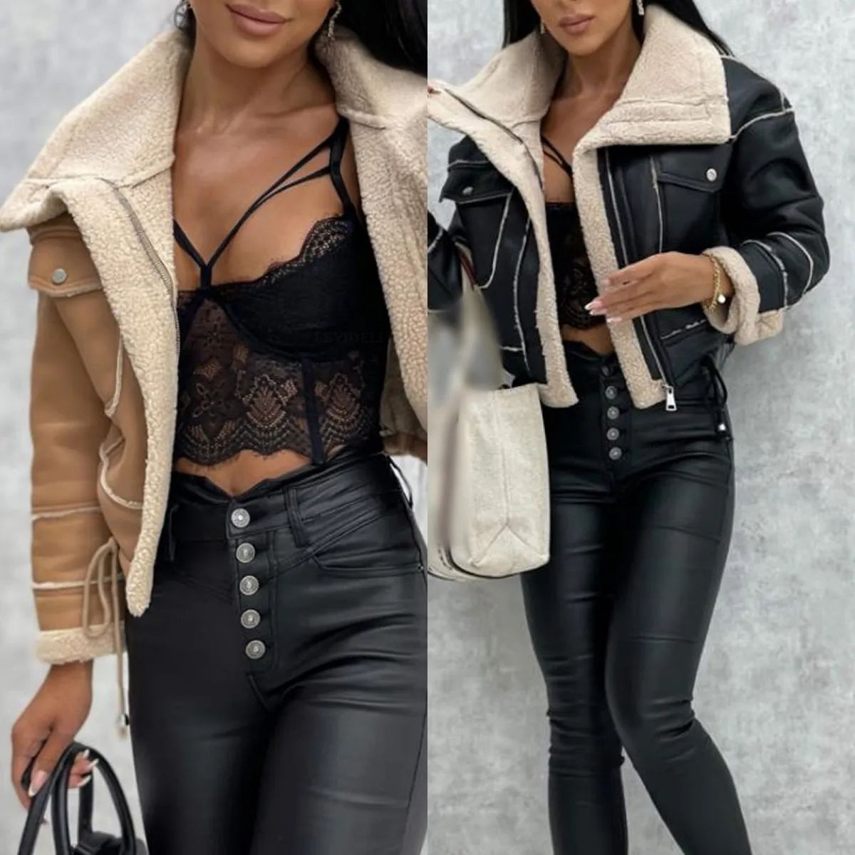 SU3120 Automne Hiver Chaud Fourrure Artificielle Cardigan Casual Moto Pu Veste En Cuir Vers Le Bas Femmes Manteaux Manteaux D'hiver Pour Femmes