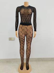 Sexy Doorzichtige Maan Dameskleding Mesh 2-delige Set Dames Top Met Lange Mouwen En Leggings Set Dames Tweedelige Broeksets - Product Image 2