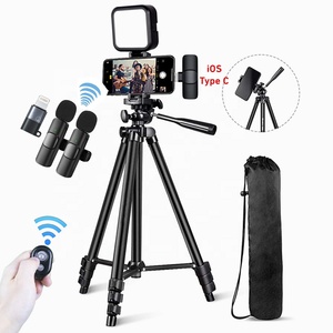 Micrófono de solapa 3 en 1, soporte de trípode de 53 pulgadas, luz LED, Kit de creación de vídeo <span class=keywords><strong>Vlogging</strong></span>, micrófono inalámbrico para Tiktok, YouTube, grabación de Vlog - Product Image 1