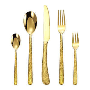 Stainless Steel European Style Cutlery <b>Set</b> Knife Fork Spoon Gold Plated Hammered Texture Thickened Steak Dessert Five Piece <b>Set</b> - Product Image 2