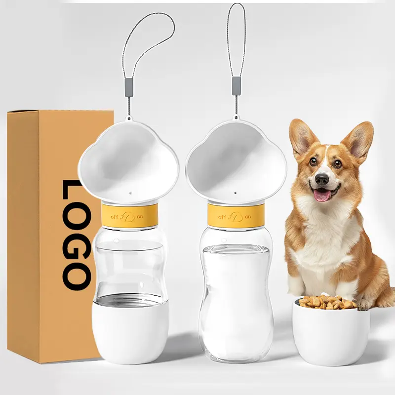 Alimentadores PP para animais de estimação à prova de vazamentos 350ml em viagens logotipo personalizado 2 em 1 garrafa de água portátil para cães com recipiente de comida para uso ao ar livre