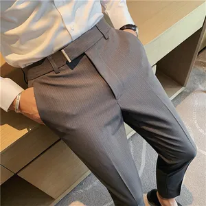 Naples celana panjang kasual sembilan titik pria, gaun bisnis profesional formal garis vertikal hitam setelan ramping celana panjang