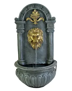 Fonte de mármore dourada, fonte de pedra dourada do leão da mão estilo ocidental personalizada, fonte cinza de mármore, para áreas externas, vila, pendurada na parede