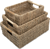 Ensemble de 3 paniers de rangement en jonc de mer tressé avec poignées en bois, paniers rectangulaires tissés à la main pour garde-manger, placard et rangement domestique