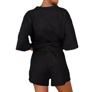 Ensemble 2 pièces pour femmes, haut à manches trois-quarts, short à taille élastique, costume décontracté, couleur unie, SMLXLXXL, blanc, noir, gris, bleu, kaki - Product Image 5