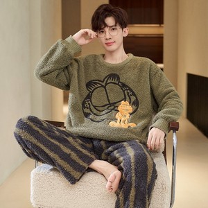 Conjunto de <span class=keywords><strong>Pijama</strong></span> de Felpa Suave para <span class=keywords><strong>Hombre</strong></span>, Cuello Redondo, Manga Larga, Talla Grande, Ropa de Dormir para Invierno - Product Image 1