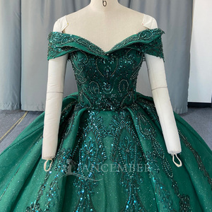 Lsany302 Royal Emerald Green Damask Scroll Rhinestone Beaded Bodice Glitter <b>Ball</b> <b>Gown</b> Quinceanera Dress Jancember - Product Image 4