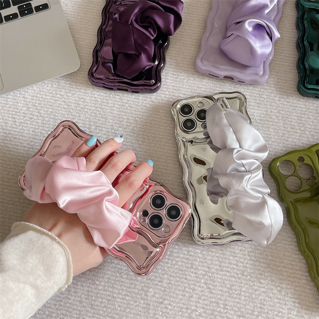New Wavy Meteorite Texture Silicone Phone Case With Silk Scarf Wrist Strap Shockproof Full Cover for iPhone 17 16 15 14Pro Max